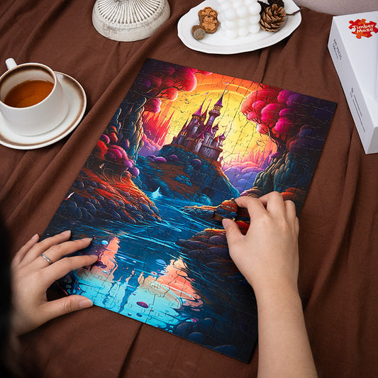 Flussschloss in der Abenddämmerung - Holzpuzzle