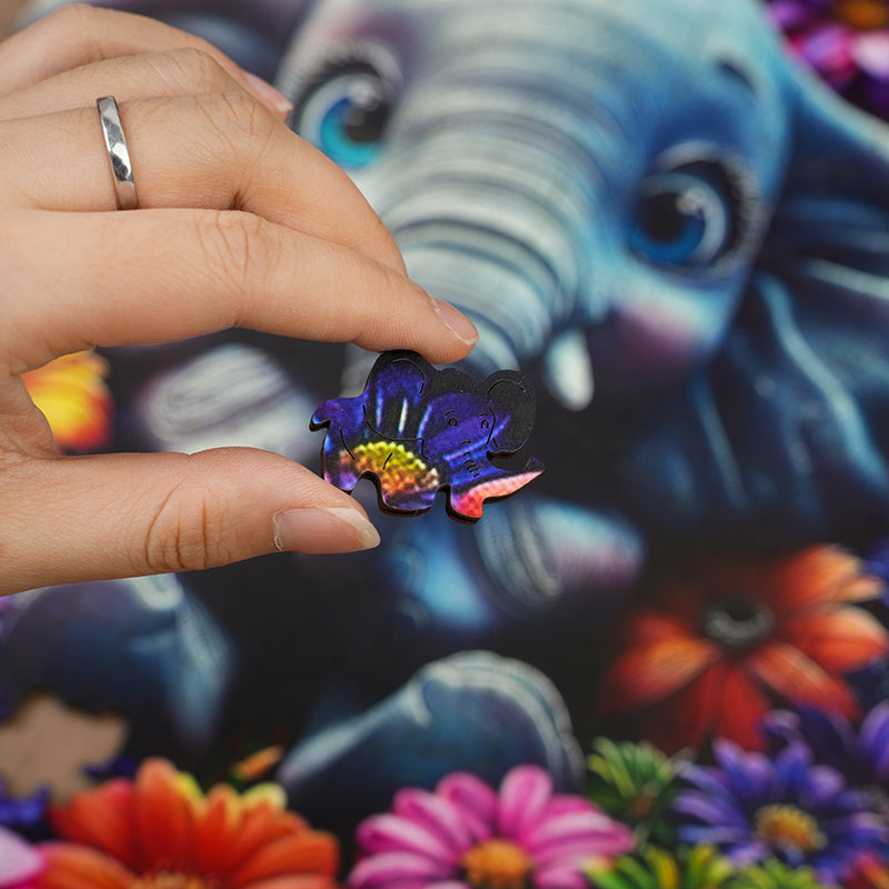 Elefantenbaby mit Blumen - Holzpuzzle