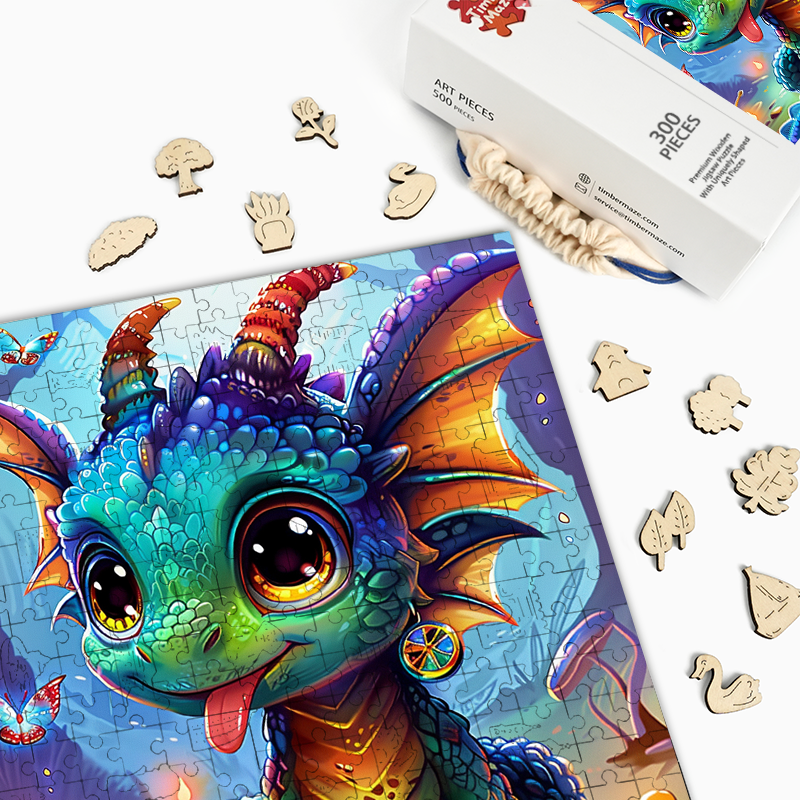 Verspieltes Drachenbaby im Zauberwald - Holzpuzzle