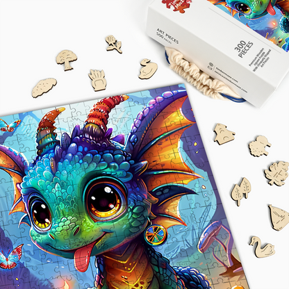 Verspieltes Drachenbaby im Zauberwald - Holzpuzzle