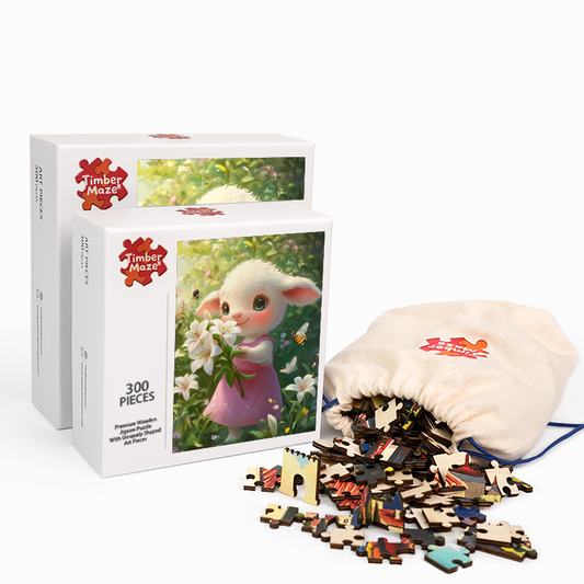 Cartoon-Lamm arrangiert Lilien - Holzpuzzle