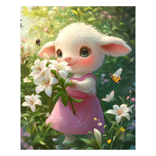 Cartoon-Lamm arrangiert Lilien - Holzpuzzle