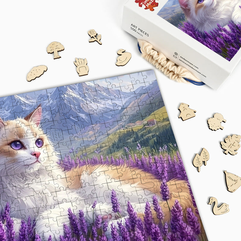 Ragdoll-Katze im Lavendelfeld - Holzpuzzle