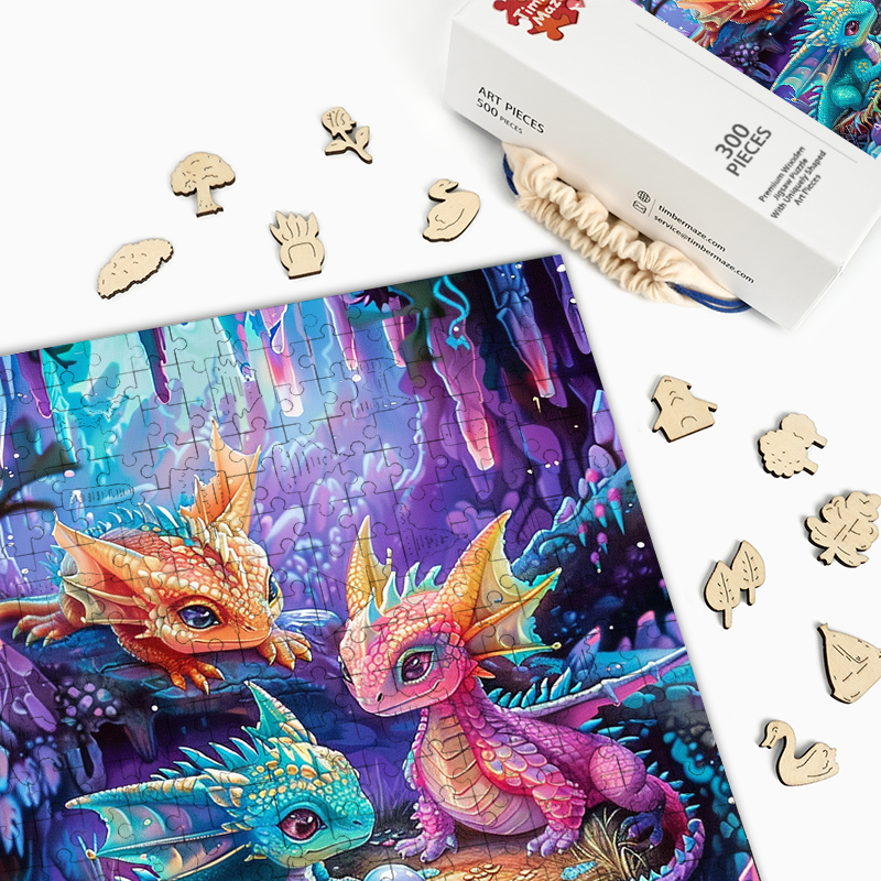 Regenbogen-Drachenbabys - Holzpuzzle