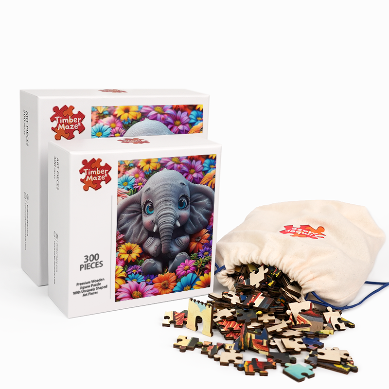 Elefantenbaby mit Blumen - Holzpuzzle