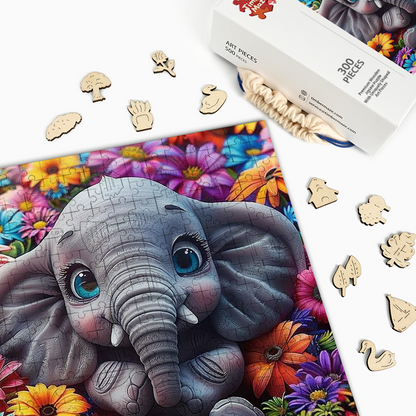Elefantenbaby mit Blumen - Holzpuzzle