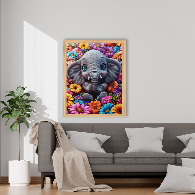 Elefantenbaby mit Blumen - Holzpuzzle