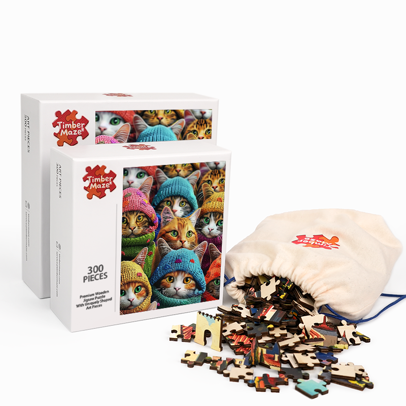 Katzen in Strickmützen - Holzpuzzle