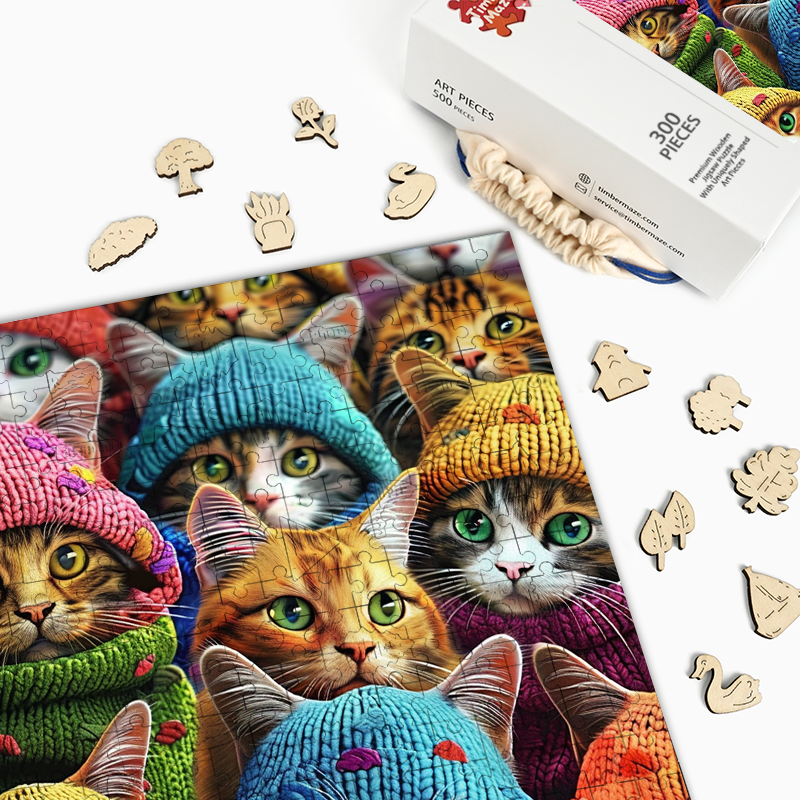 Katzen in Strickmützen - Holzpuzzle