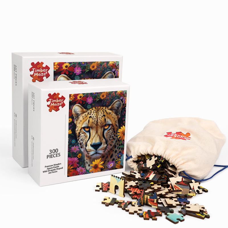 Leopard und Blumen - Holzpuzzle