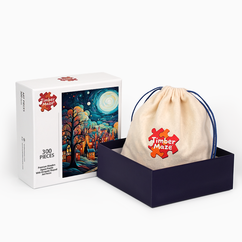 Mondbeleuchtetes Fantasiedorf - Holzpuzzle