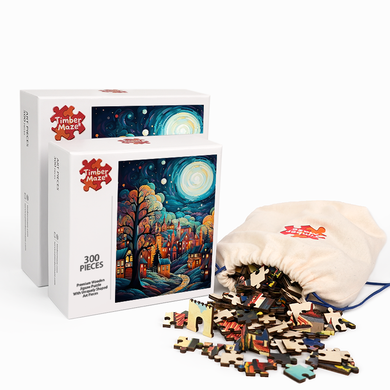 Mondbeleuchtetes Fantasiedorf - Holzpuzzle