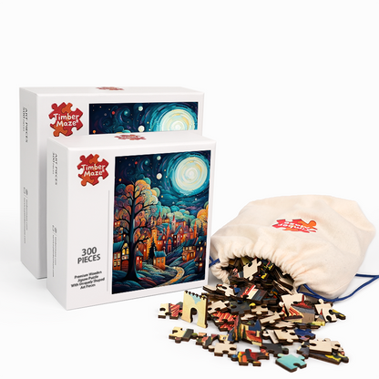 Mondbeleuchtetes Fantasiedorf - Holzpuzzle