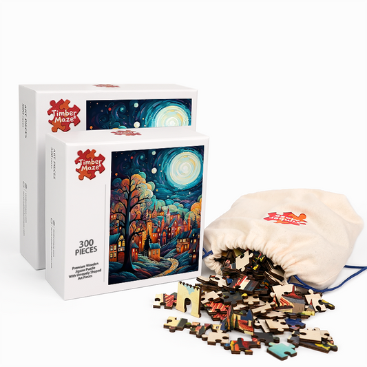 Mondbeleuchtetes Fantasiedorf - Holzpuzzle