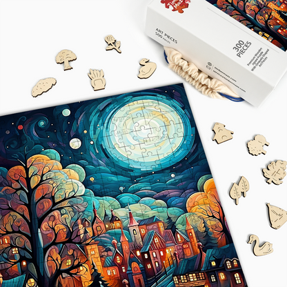 Mondbeleuchtetes Fantasiedorf - Holzpuzzle