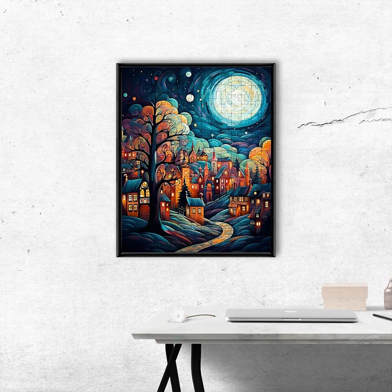 Mondbeleuchtetes Fantasiedorf - Holzpuzzle