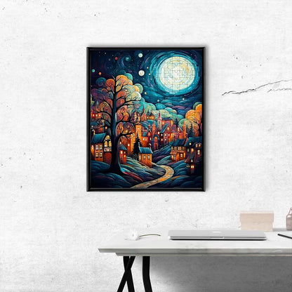 Mondbeleuchtetes Fantasiedorf - Holzpuzzle