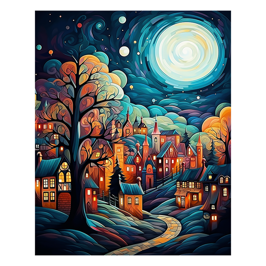 Mondbeleuchtetes Fantasiedorf - Holzpuzzle