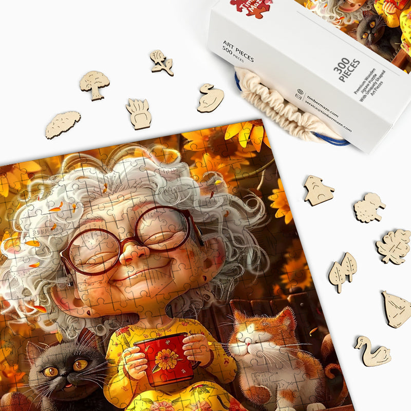 Herbstdame mit Katzen - Holzpuzzle