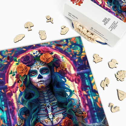 Skelettkönigin mit Katzen - Holzpuzzle