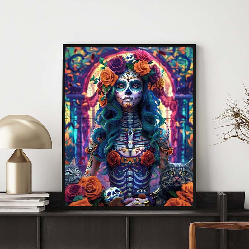 Skelettkönigin mit Katzen - Holzpuzzle